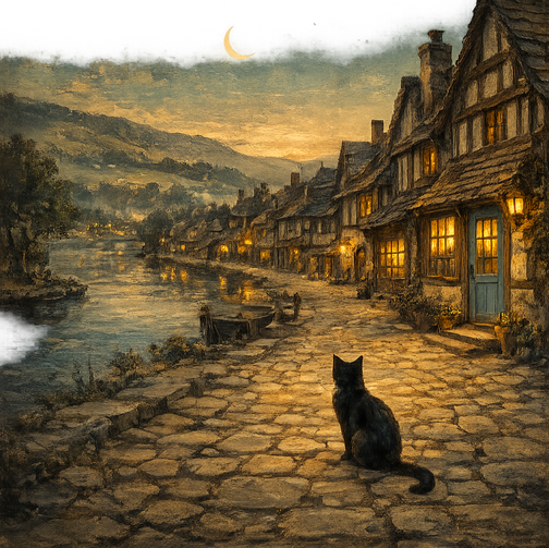 A black cat sits on a cobblestone path alongside a river in a cozy, illuminated historic village under a twilight sky with a crescent moon.