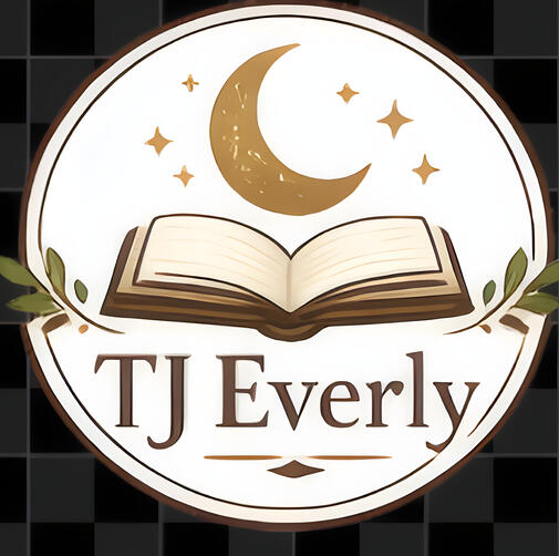 Circular logo for author TJ Everly featuring an open book beneath a crescent moon and small stars, framed by delicate leafy branches.