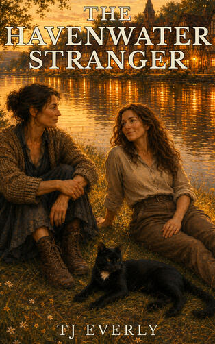 Book cover titled "The Havenwater Stranger" by TJ Everly, featuring two women and a black cat sitting together outdoors beside a scenic body of water at sunset.