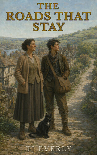 Book cover for "The Roads That Stay" by TJ Everly, showing a woman, a young androgynous woman, and a black cat standing on a stone path looking over a scenic hillside village."