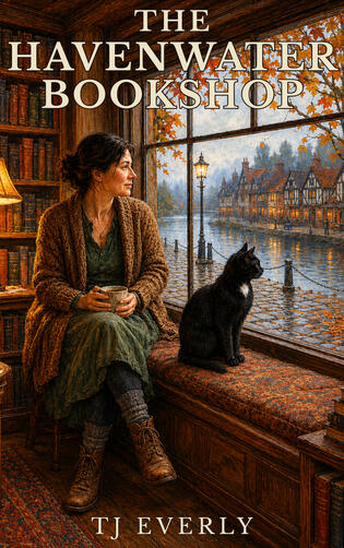 A cozy, autumnal scene depicting a woman sitting in a window seat of a bookshop with a hot mug, alongside a black cat looking out at a scenic canal and village lined with historic buildings.