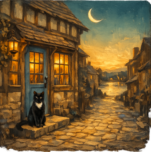 A black cat with a white chest patch sits on the stone doorstep of a cozy cottage with glowing windows along a cobblestone street at dusk under a crescent moon.